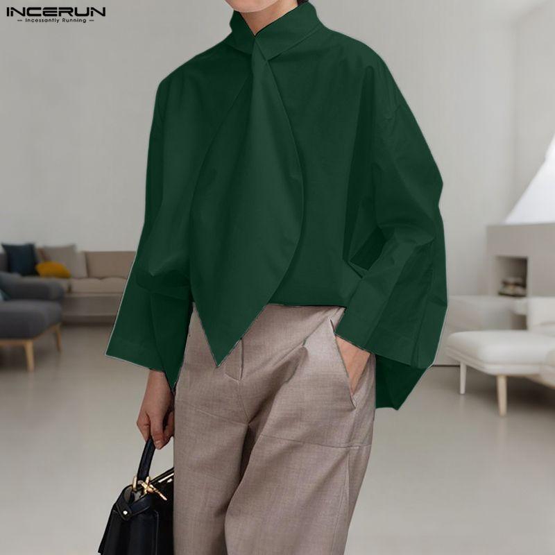 INCERUN Oversized Men Stand Neck Tie Up Long Sleeve Casual Loose Shirts