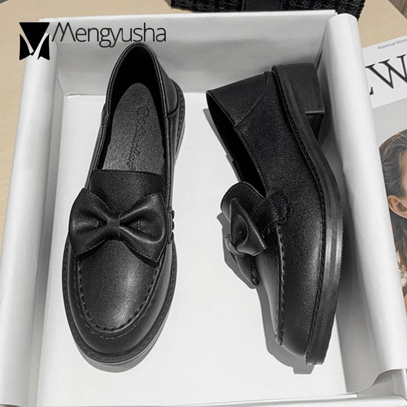 Preppy Girls Bowknot Oxfords Women Slip On Loafers Retro Small Leather Shoes Woman Winter Plush Round Toe Warm Plush Flats 34-41