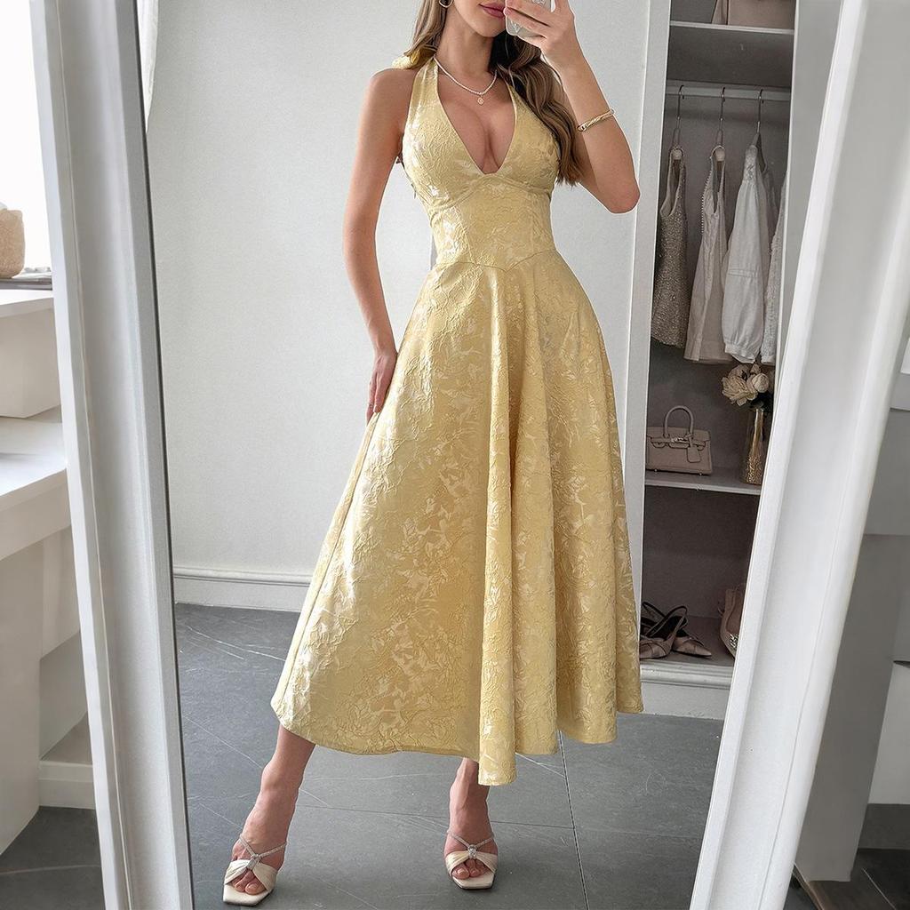 French Resort-style Halter-neck, Cinched-waist Long Dress for Women's Spring and Summer