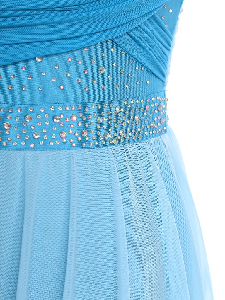 Womens Lyrical Dance Dress Rhinestone Color Block Mesh Design Ruched Twisted Knot Irregular Hem Leotard