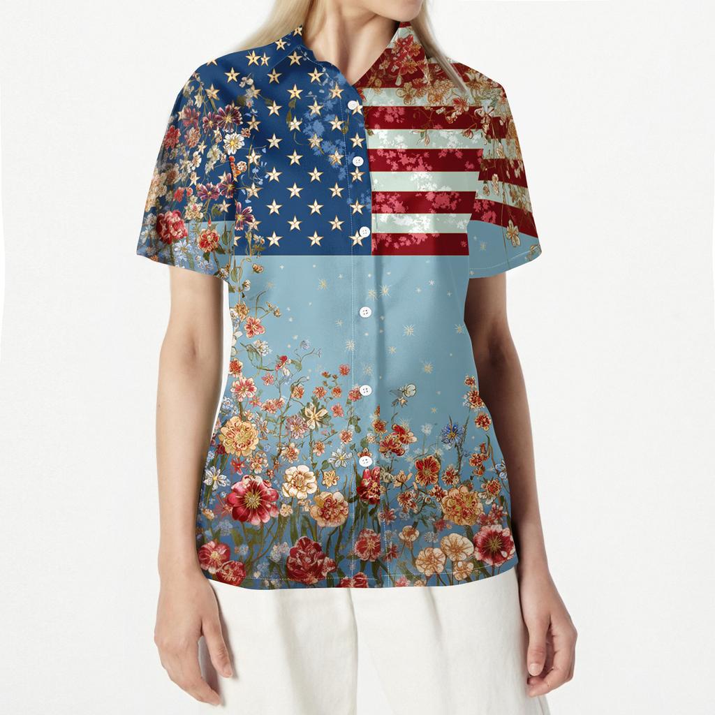 Women's Casual Short Sleeve Button Down Shirt with Collar Floral Print and Stars Stripes Pattern Lightweight Summer Top