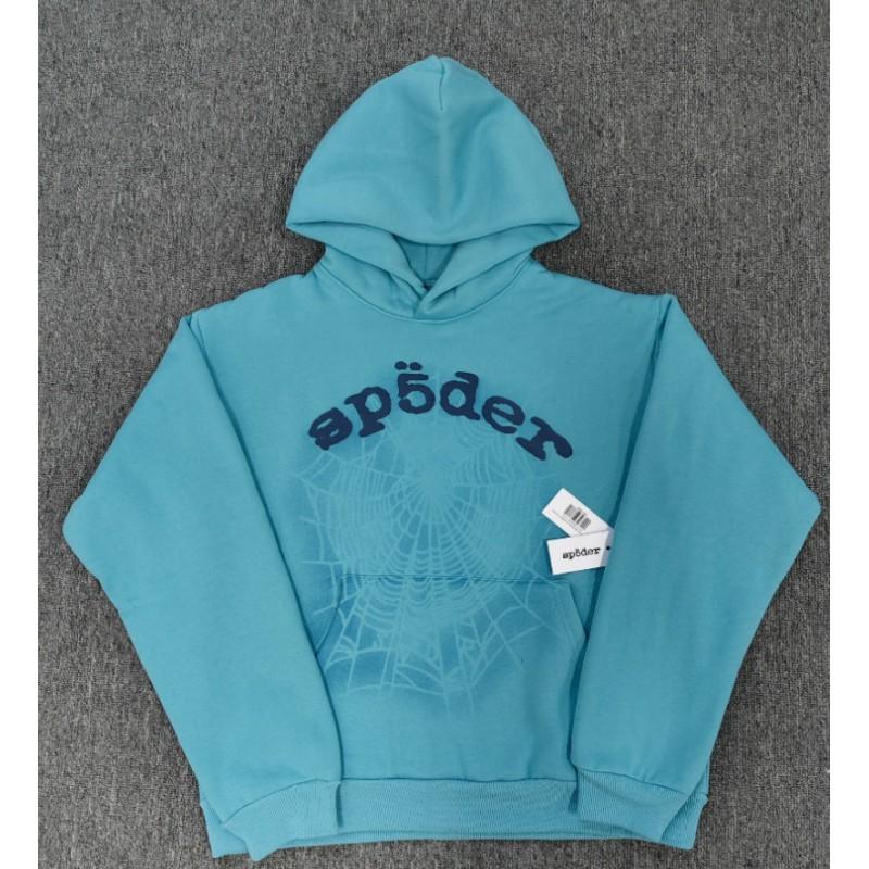 Felpa Sp5der Oversize Spessa in Pile con Stampa a Foglia Ragnatela Design Uomo Inverno Casual