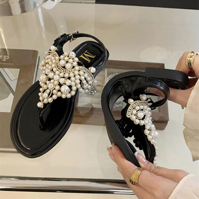 Fashion Luxury String Bead Buckle Design Flat Slippers Women Sexy Clip Toe Back Strap Flip Flops Comfort Soft Bottom Brand Beach Sandals