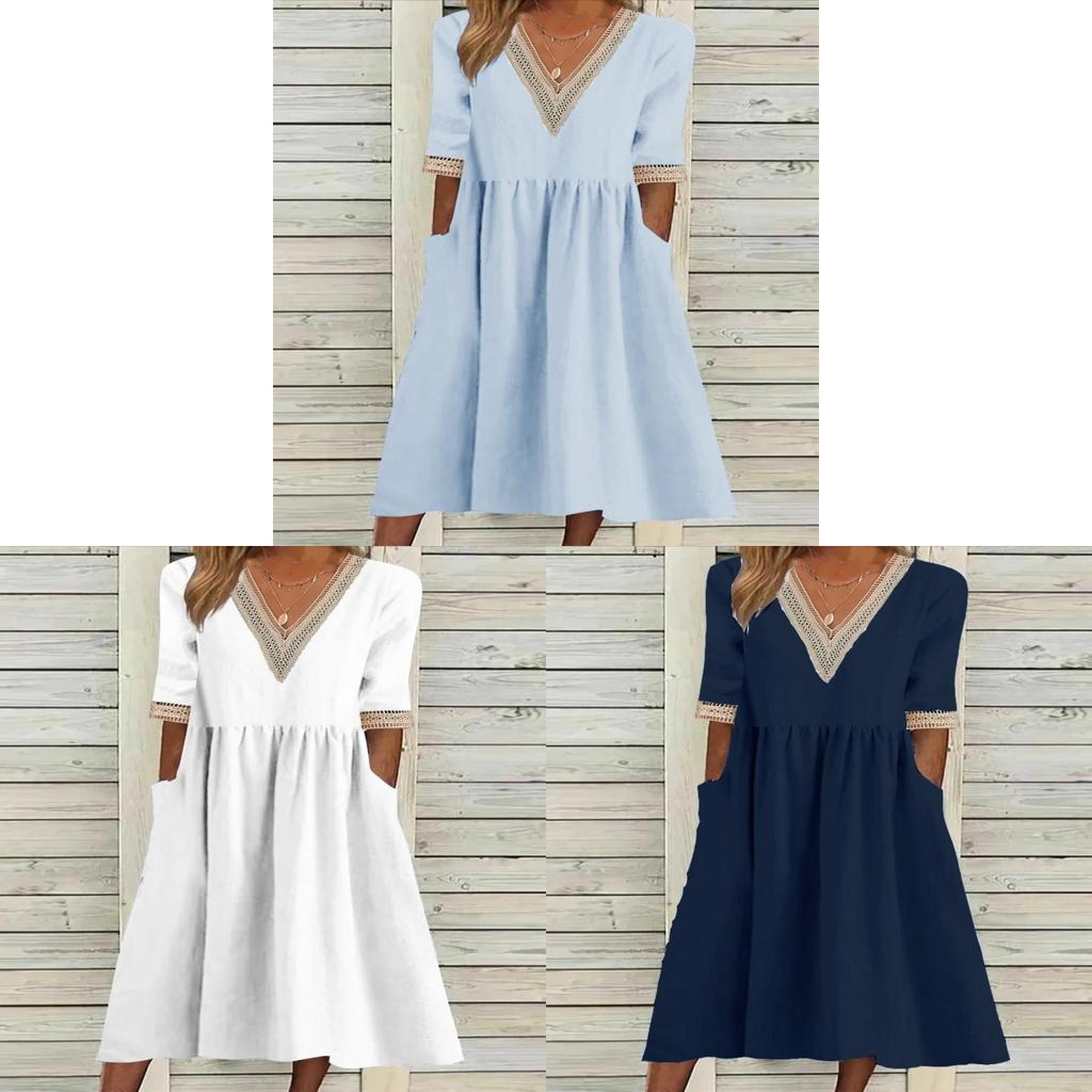 Cotton Linen Midi Dress With Ruffle Details For Office Women