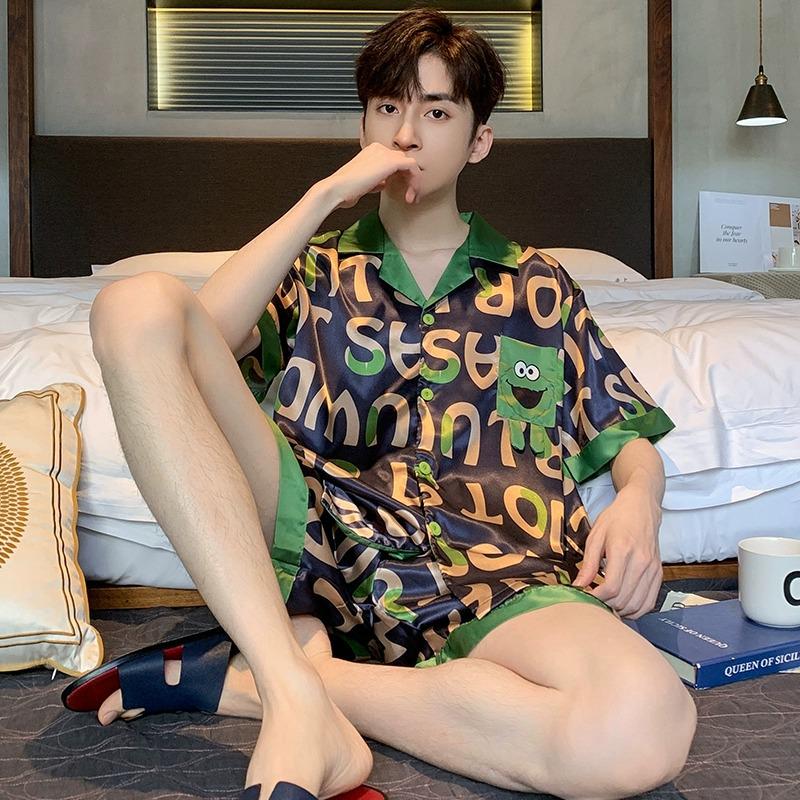 

Мужская пижама с коротким рукавом из ледяного шелка с мультяшным принтом - летняя коллекция 2024, охлаждающая и легкая одежда для дома Men s XXXL