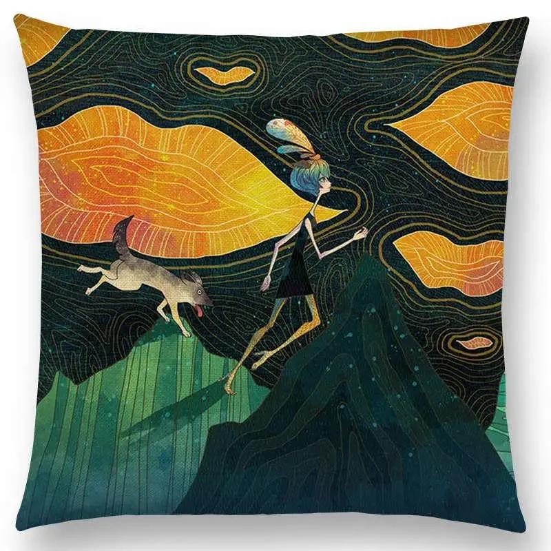 Neuankömmling Niedliche Cartoon-Tiere Kleine Katze Traum Elch Hübsches Mädchen Wald Leuchtender Stern Kissenbezug Sofa Wurfkissenbezug