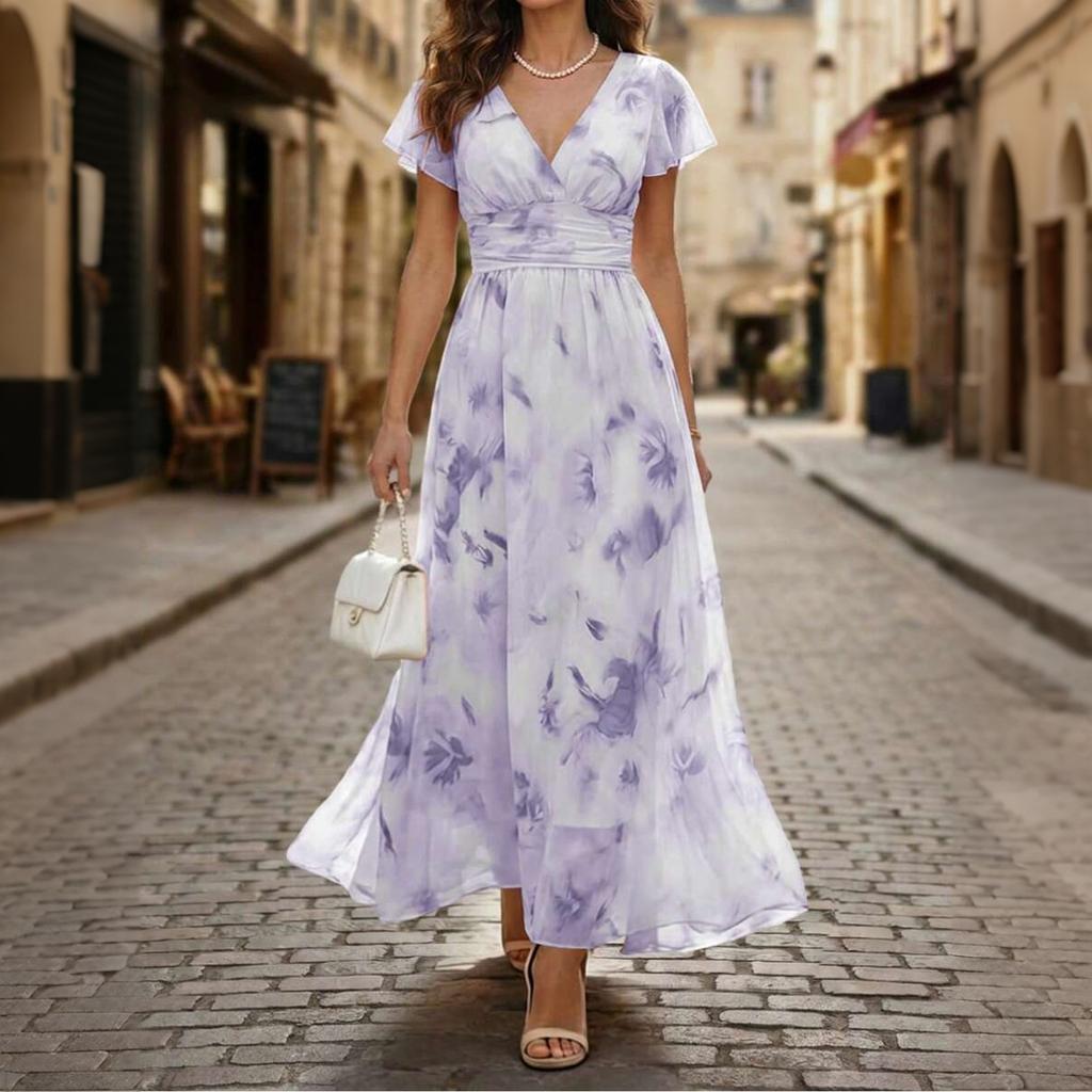 Women's V Neck Ruffle Sleeve Floral Print Waist Cinch Maxi Dress Lightweight Chiffon Elegant Vacation Dress