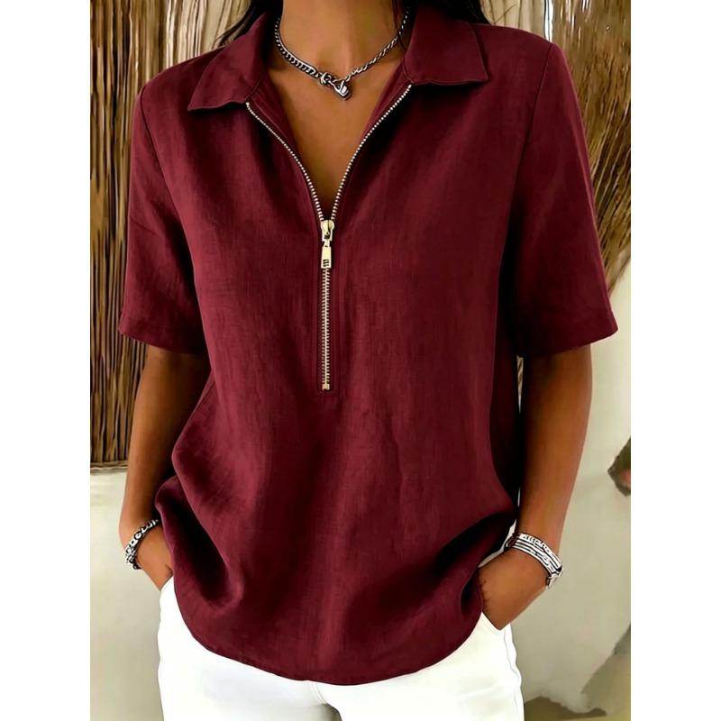 Damen Halbreißverschluss Poloshirt aus Leinenmischung Kurzarm Lässige Bluse