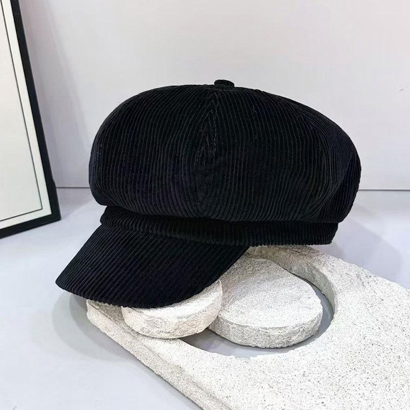 Jesień i Wiosna Retro Jednokolorowy Sztruksowy Beret Damski Koreański Wszechstronny Ośmiokątny Kapelusz Retro Beret z Daszkiem