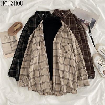 HOUZHOU Rutade skjortor Dam Bomull Oversize Blus Koreansk stil Långärmad Casual Vintage Vinter Rutig Skjorta