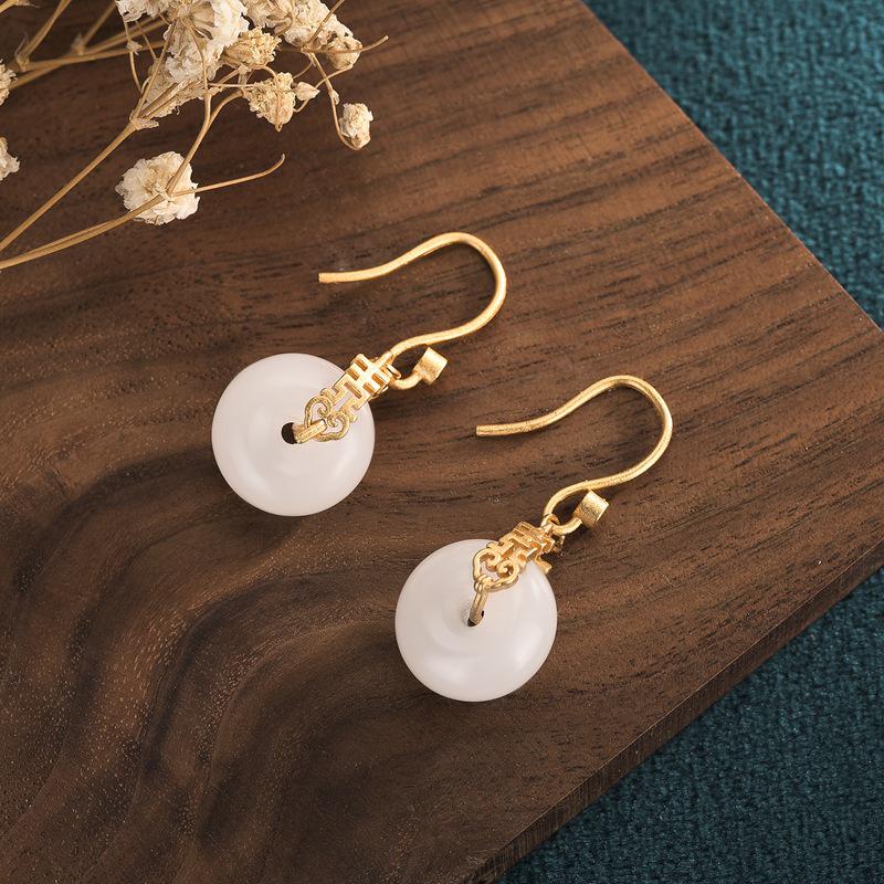 

Retro Court Style Gold-Plated Double Happiness Dangle Earrings with White Jade