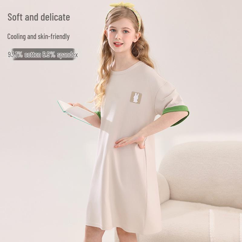 Girls  Lycra Cotton Summer Nightgown Pajamas: Breathable & Moisture-Wicking for Big Kids 130cm
