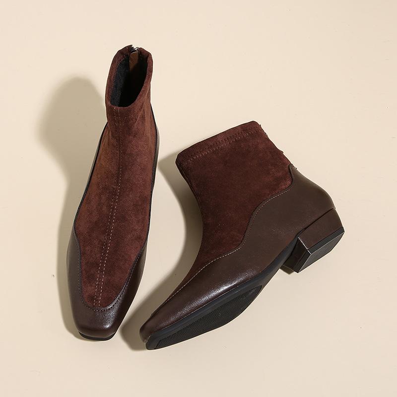 

Гигантские Узкие~ Минималистичные Ветровые Квадратный Носок Замшевые Вставки Кожаные Короткие Ботинки Женские 2025 Повышающие Рост Голые Ботинки Эластичные Узкие Ботинки 40 коричневый