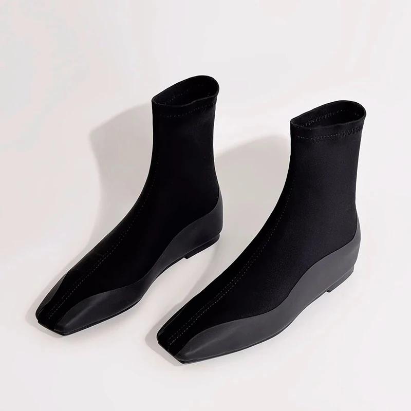 Ankle Boots Women Fashion Square Toe Flats Leather Shoes Woman Goth 2024 Trend Winter New Classic Snow Chelsea High Botas Mujer