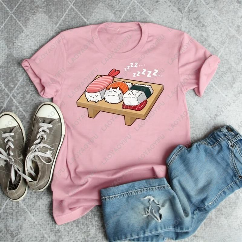 Kawaii Sushi Sovande Unisex Vuxen Bomulls T-shirts Söt Japansk Mat Serier Rolig Rundhalsad Tryckt T-shirt Semesterpresenter Dam Toppar