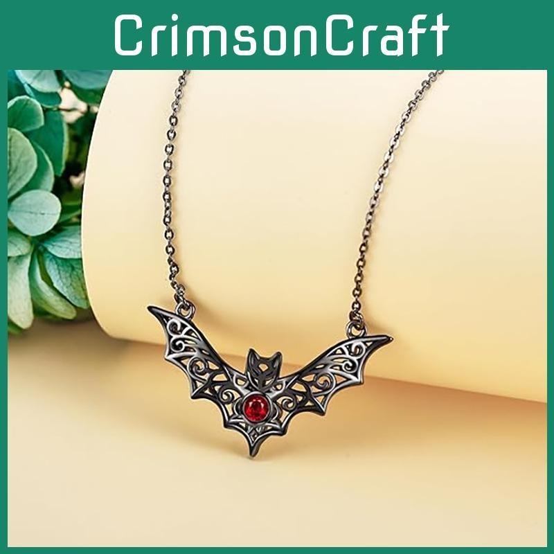 Gothic Bat Pendant Necklace With Faux Ruby Cutouts And Alloy Material For Halloween Costume Accessories