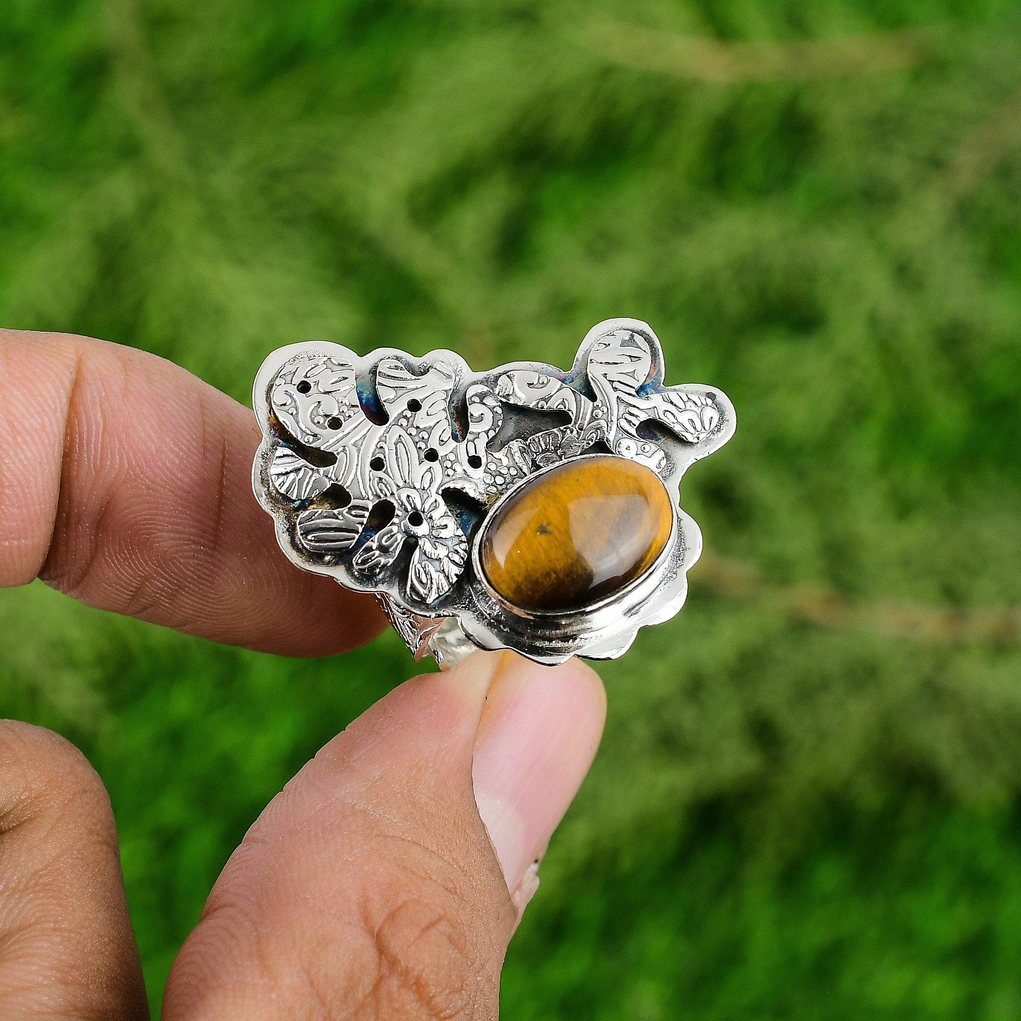 

Natural TigerS Eye Gemstone Promise Adjustable Ring 925 Sterling Silver Jewelry Adjustable