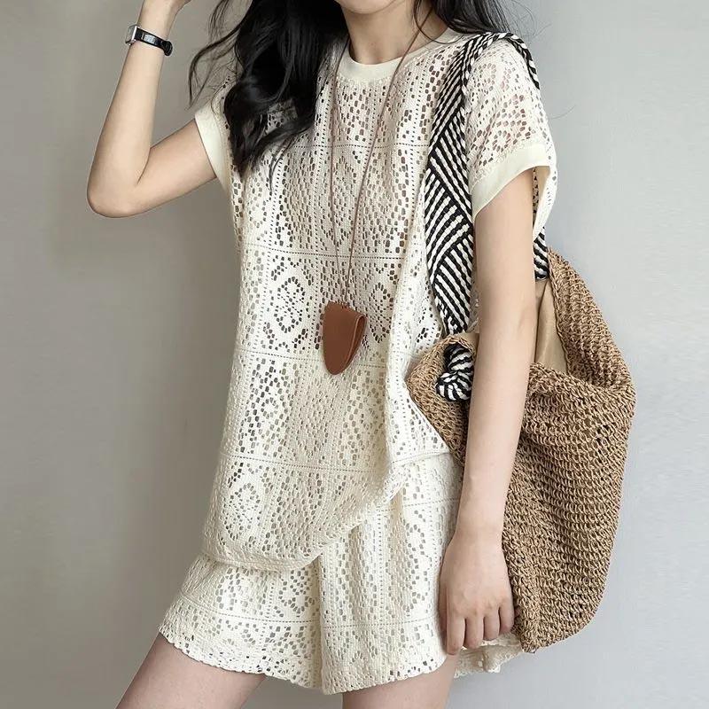 

Костюм 2 предмета Комплект Женский Летний Тонкий С Ажурным Узором Рубашка Шорты Двойка Свободный Повседневный Топ Брюки Костюмы XXXL