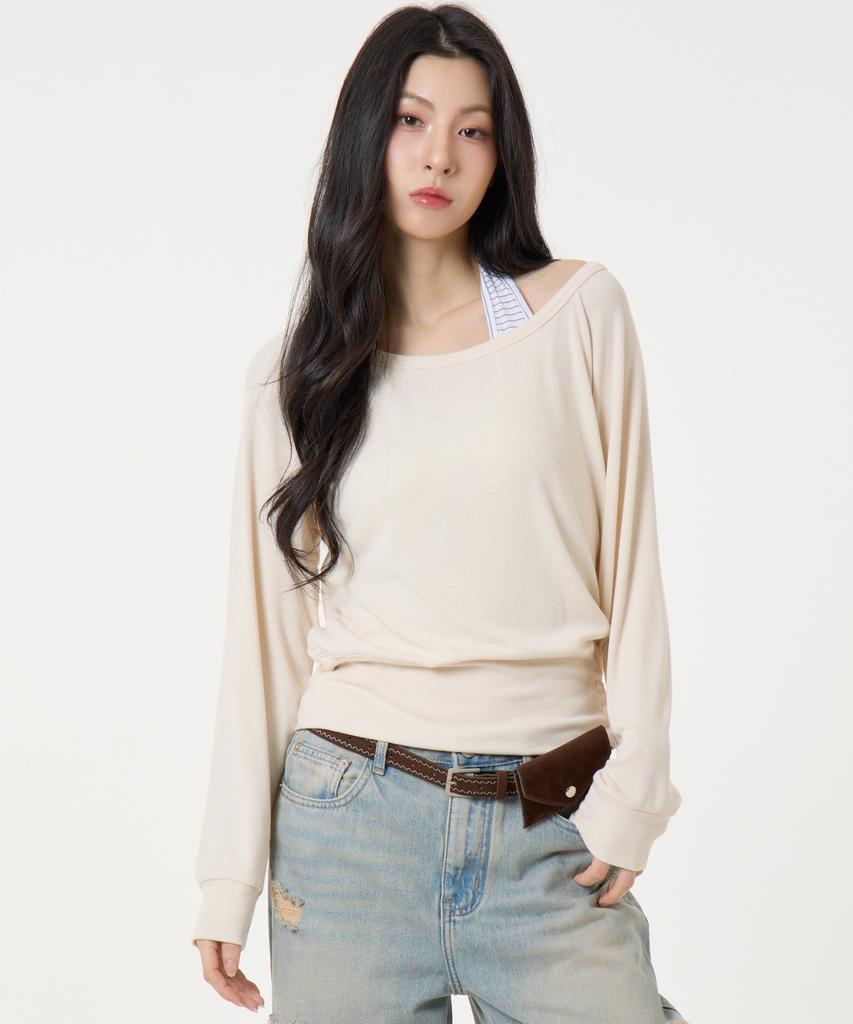UNKNOWN PLANET [Set] Layered Striped Halter Top Long Sleeve T-Shirt Beige