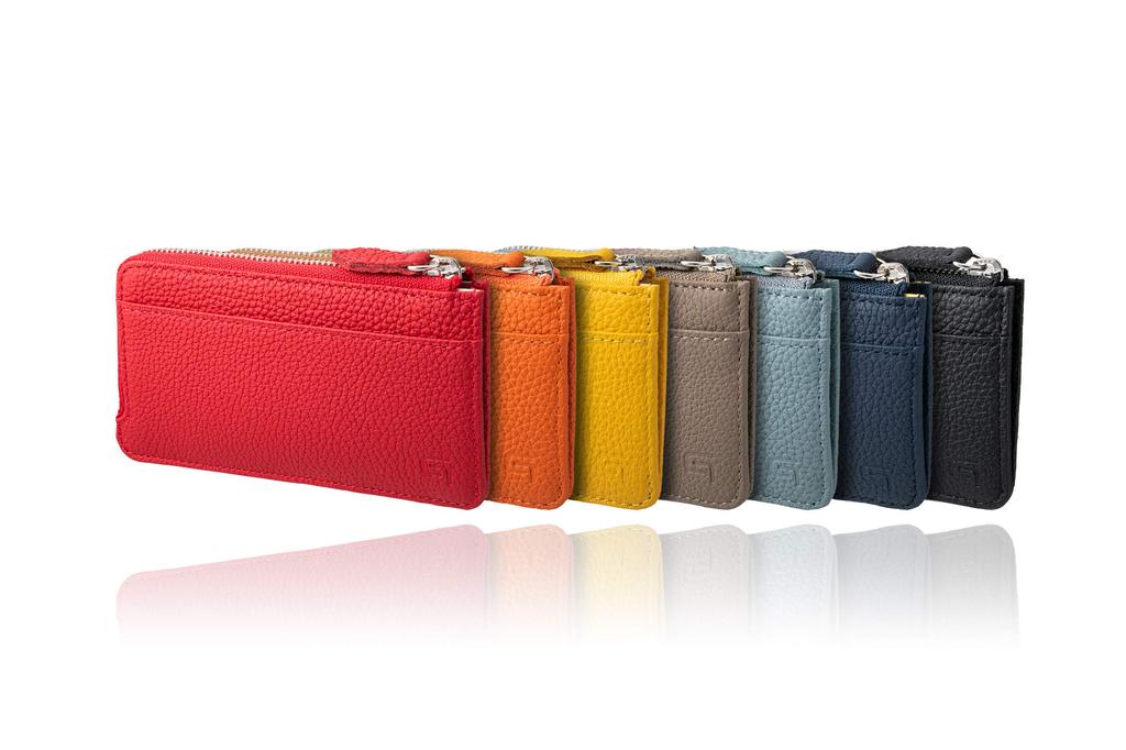 [GRAMAS] Shrunken Calf Leather Flat Zip Wallet in Red with Genuine Leather L-Shaped Zipper and Keychain