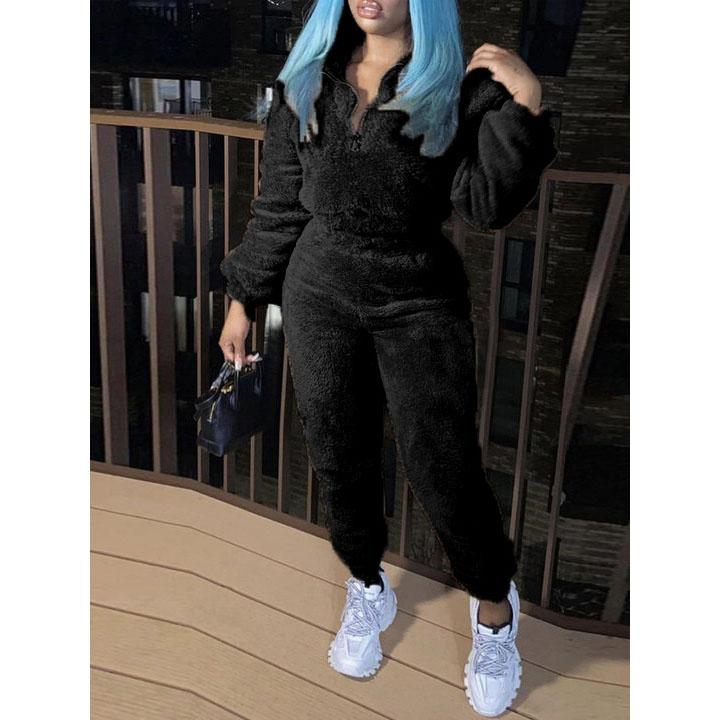 

Winter Plush Two Piece Set Casual Home Warm Suit For Women Fashion Zipper Lapel Pullover Top Elastic Waist Trousers Suit XS чёрный