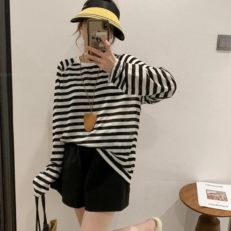 Women's 2024 Korean Retro Striped Color Block Sun Protection Long Sleeve Top