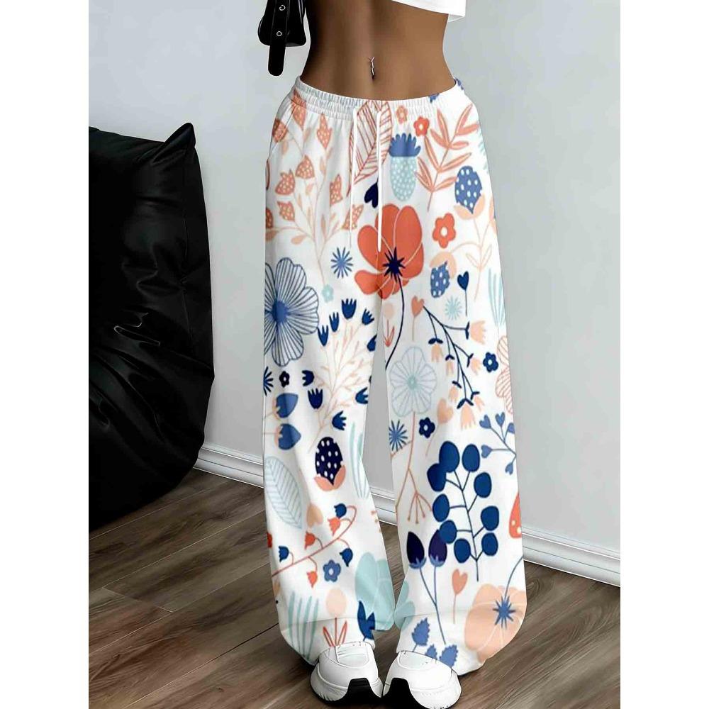 floral printed wide-leg sweatpants, drawstring waist design, women's comfortable and loose version
