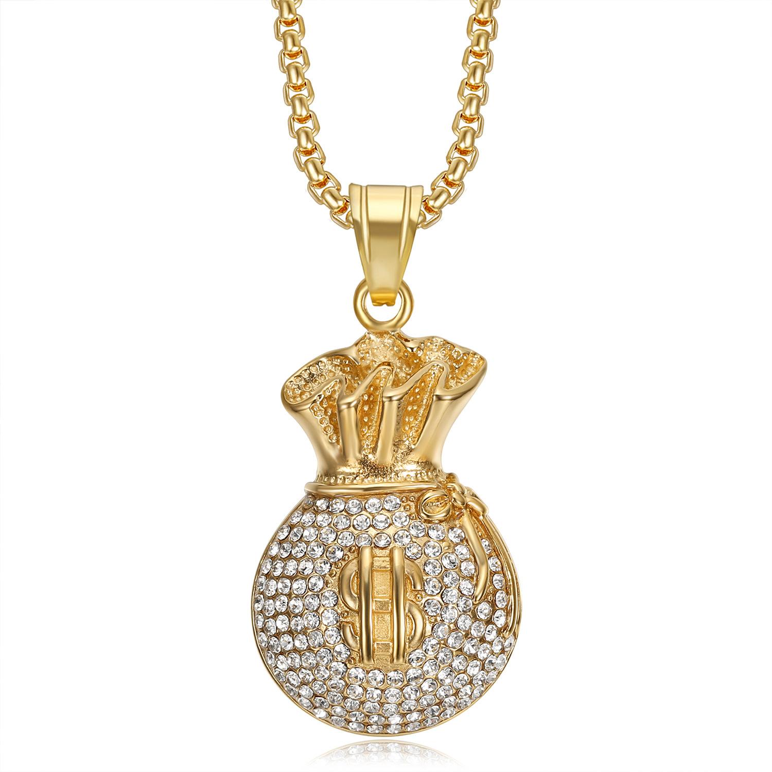 2026 Jewelry 18K Diamond US Dollar Money Bag Pendant Necklace 3MM+60CM
