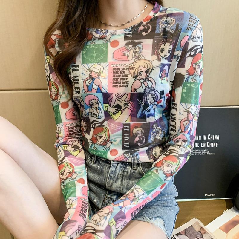New Winter Slim Thin Long-sleeved Pullover Hoodie Underwear T-shirt Top Perspective Mesh Base Shirt for Women