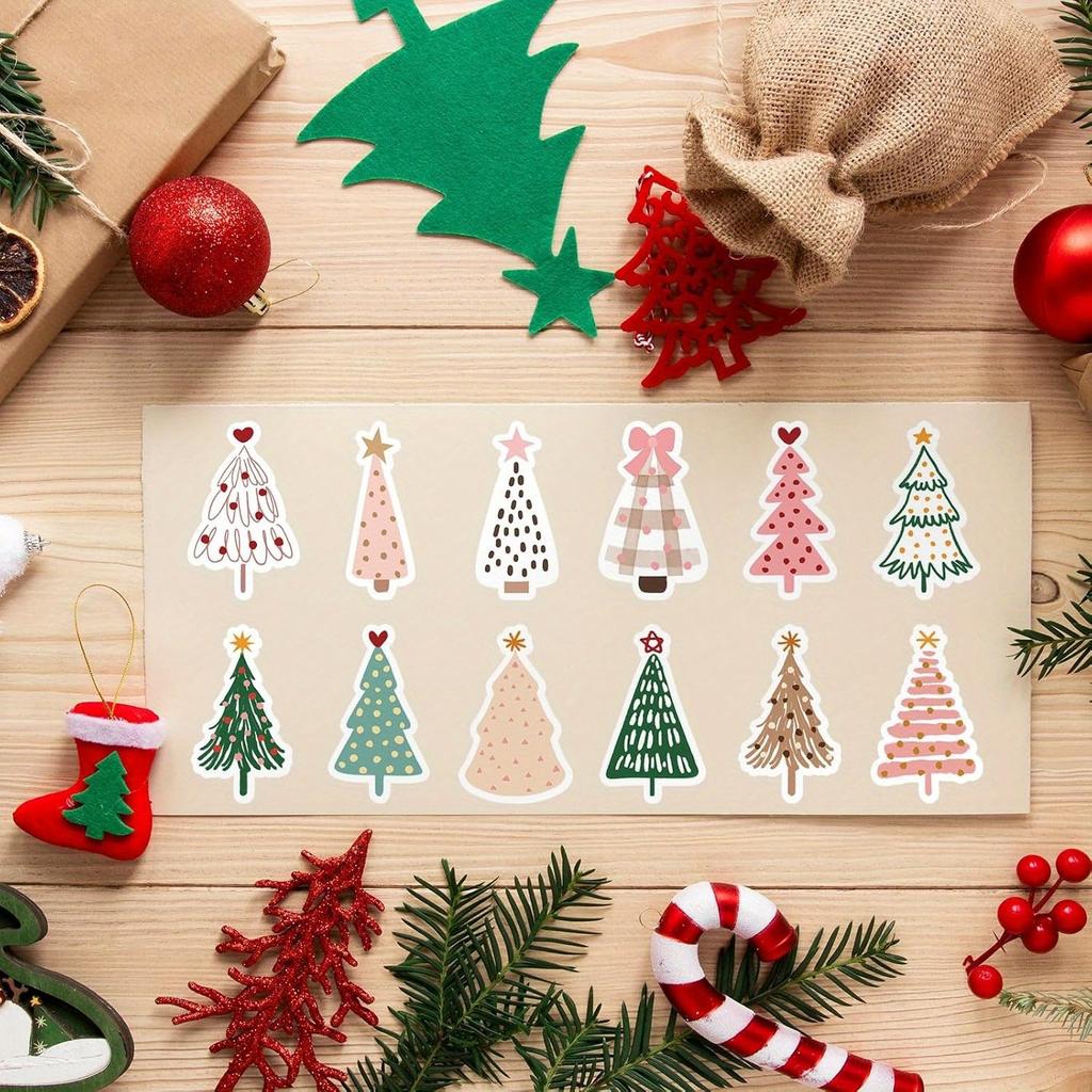 500pcs Christmas Boho Stickers - Pastel Christmas Tree Decals with Pine Trees, Polka Dots, Floral Bows - Self-Adhesive