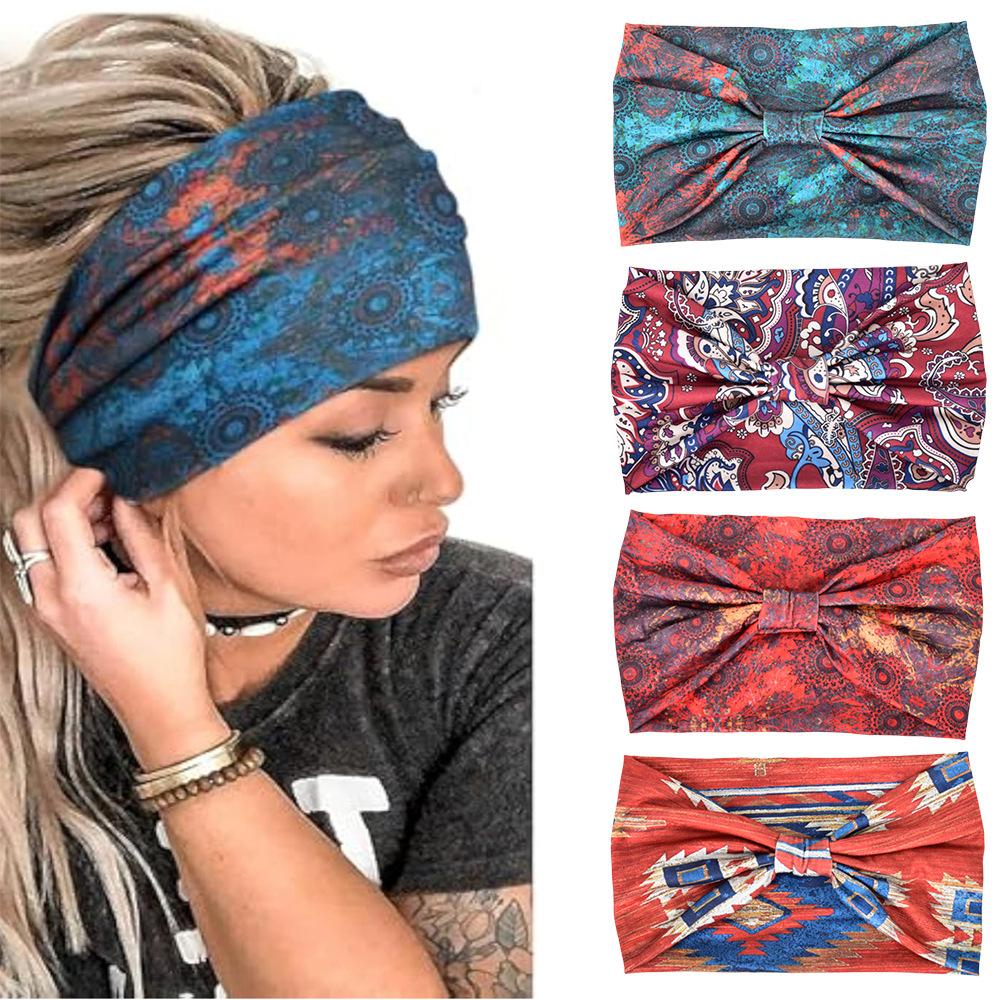 Bandă de păr lată pentru femei în stil boem, bentiță retro, turban elastic moale cu nod, potrivit pentru yoga, accesorii de păr