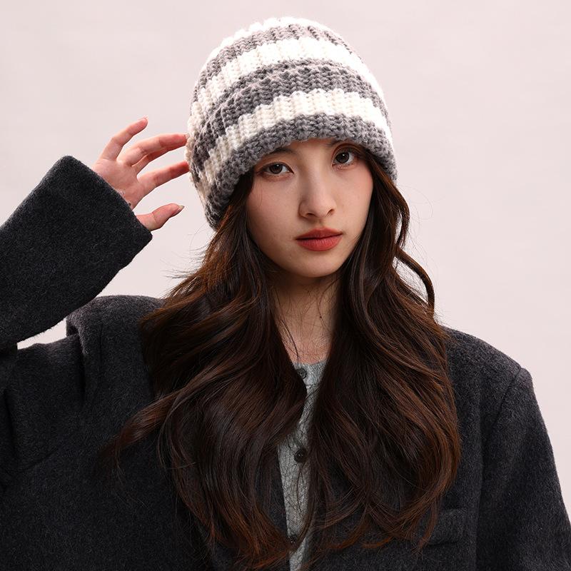 Hat bag face striped big head circumference wool hat women's autumn and winter show a small face warm knitted cold hat cover hat men's tide