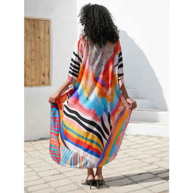 Damenmode Sommer Frühling Farbblockdruck 1/2 Ärmel V-Ausschnitt Lose Taille Freizeitkleider