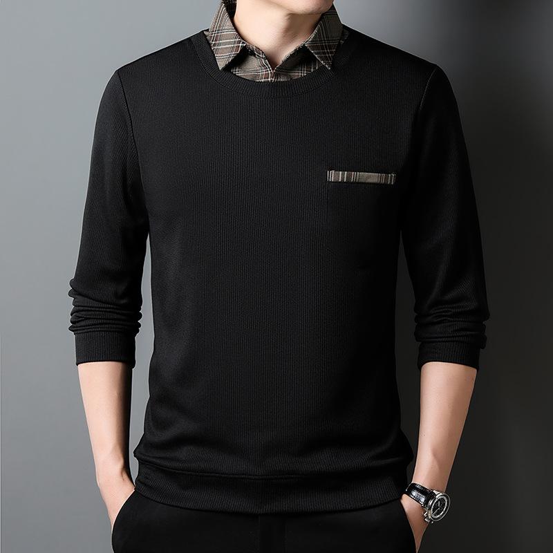 

Осенняя мужская футболка-пуловер с длинными рукавами из двух частей для мужчин молодого и среднего возраста, однотонная рубашка с тонким дном, топ, мужской вязаный свитер XXXXL