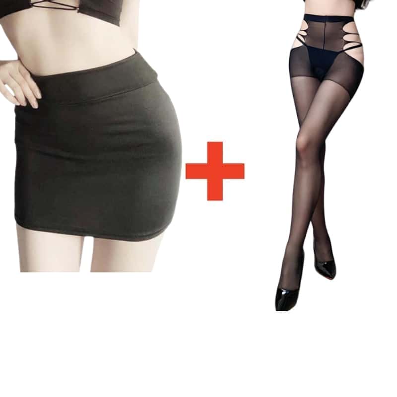 2PCS/SET Women High Waist Pencil Mini Skirts+Stockings Dress Set,Sexy Casual Wrap Hips Black Short Skirt and Pantyhose