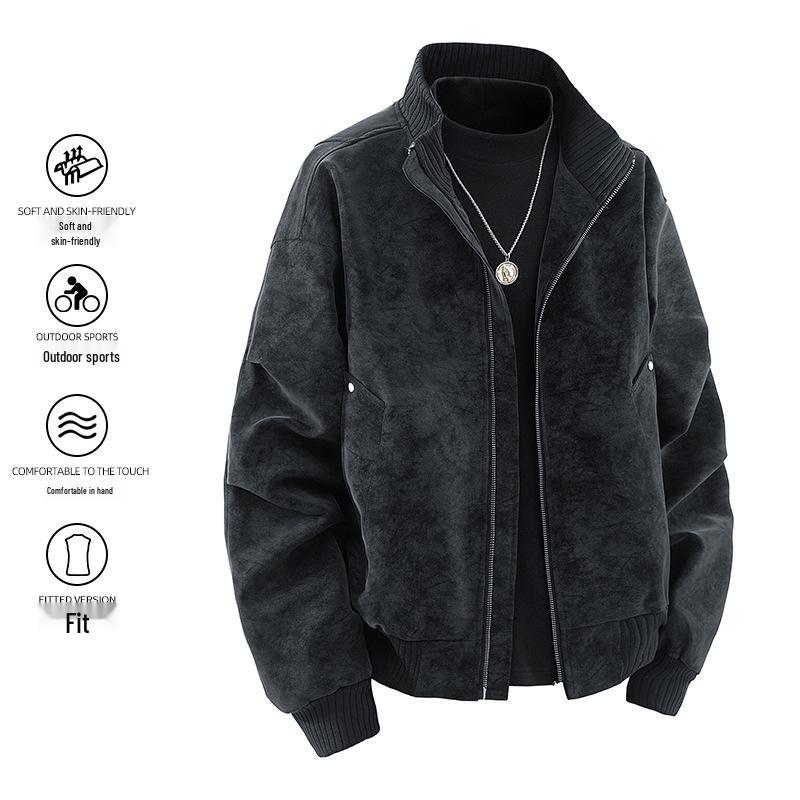 Herren Lederjacke mit Stehkragen - Amerikanischer Stil, Lässiger lockerer Schnitt, Arbeitskleidung für Frühling & Herbst.