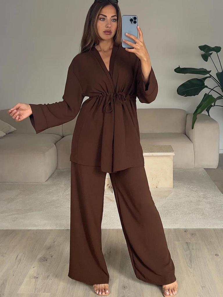 European & American 2025 Casual Tie-Up Top with Long Sleeve and Comfortable Long Pants Set