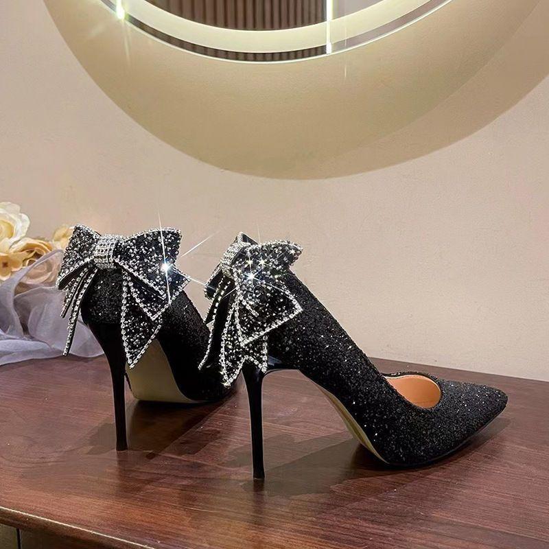 Silver women's high heels 2025 new spring sequined diamond crystal main dress wedding shoes Xiuhe pointed bridal wedding dress