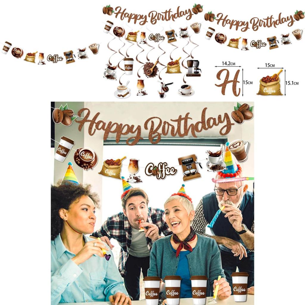 Coffee Theme Party Decor Pack With Birthday Banner And Spiral Streamers For Event Setup