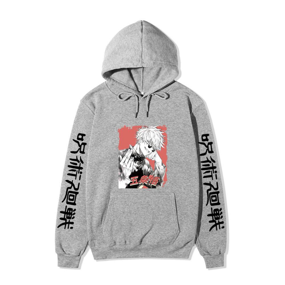 Jujutsu Kaisen Satoru Gojo Hoodie Unisex Fleece Sweatshirt Red Background Manga Portrait Kanji Sleeve Autumn Winter Pullover