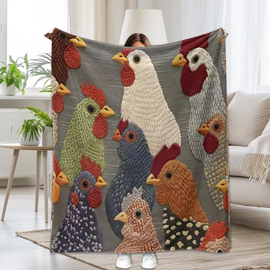 Fun Chicken Head Pattern Plush Blanket Chicken Head Pattern Printed Farmhouse Blanket Vintage Soft Cozy Colorful Rooster Flannel Blanket for Couch