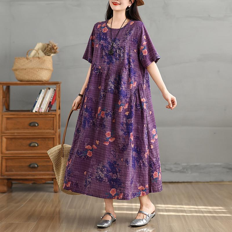 DIMANAF 2025 Women Plus Size Spring Summer Dress Casual Floral Dress Basic Vintage Loose Long Dress Maxi 9313