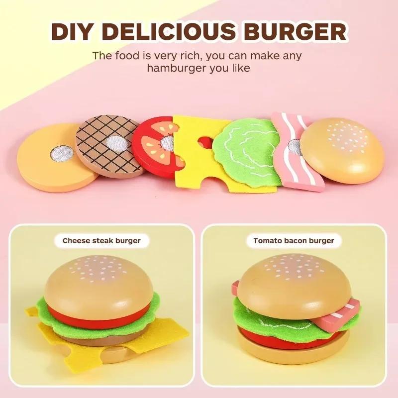 Wooden Fast Food Diner Set Toy for Kids Pretend Kitchen Play Classic American Meal Realistic Food Set Burger French Fries Cola