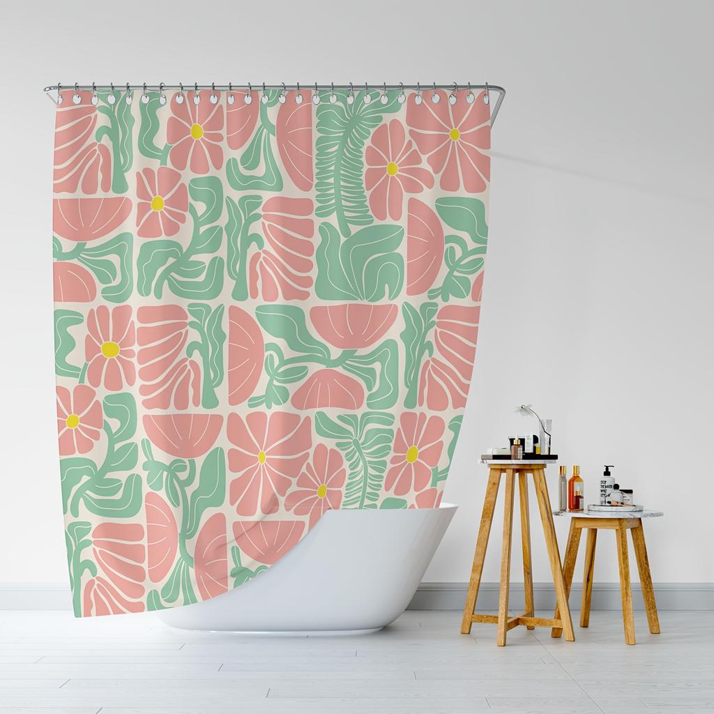 Boho Abstract Colorful Floral Shower Curtain – Vintage Patchwork Design, Pink & Green Flowers, Geometric Pattern