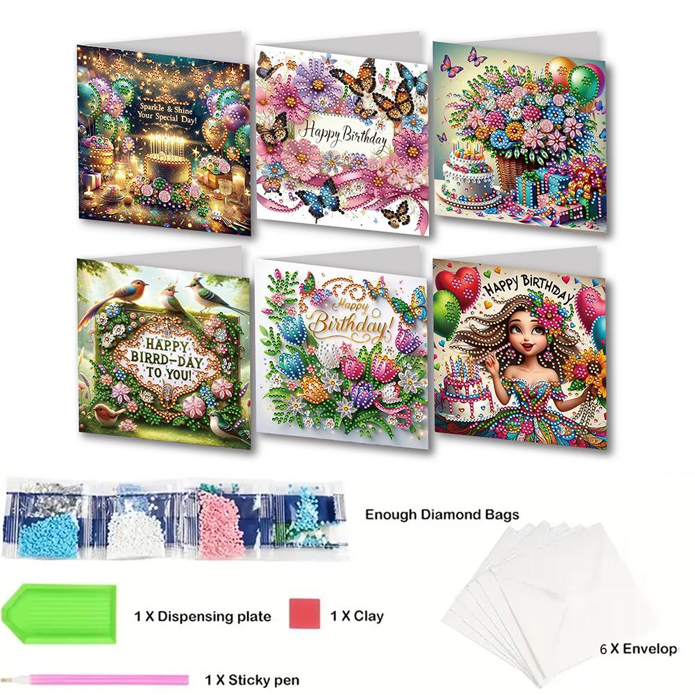 6PCS DIY Rhinestone Diamond Art Mosaic Postcards Diamond Art Greeting Cards Creative Birthday & Thanksgiving Card Kit
