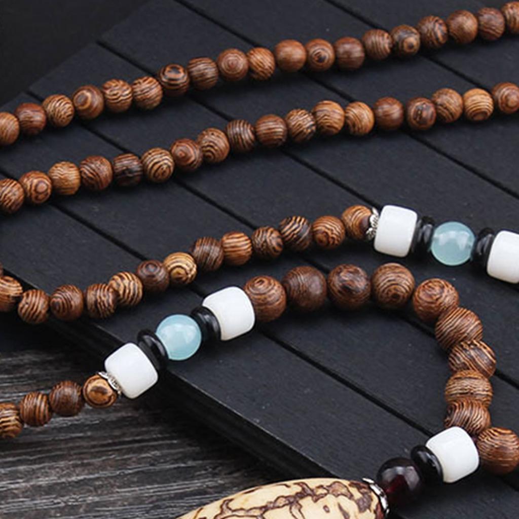 Ethnic Handmade Wood Rosary Beads Necklace Eco Friendly Wood Beaded Necklace Adjustable Length Boho Sweater Neck Jewelry