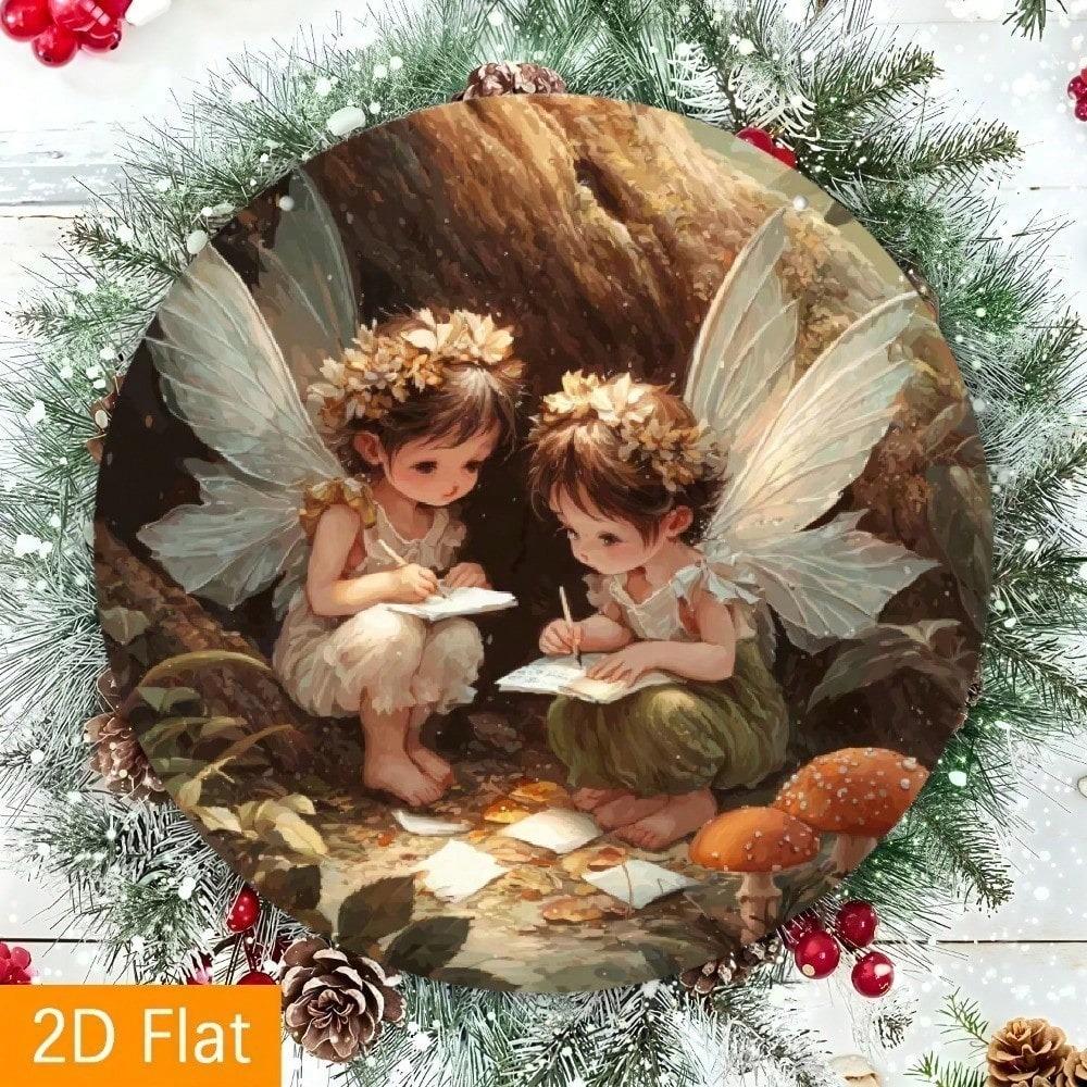 Vintage Fairy Forest Metal Wall Art 8 Inch Round Aluminum Plaque Enchanted Mushroom House Decor