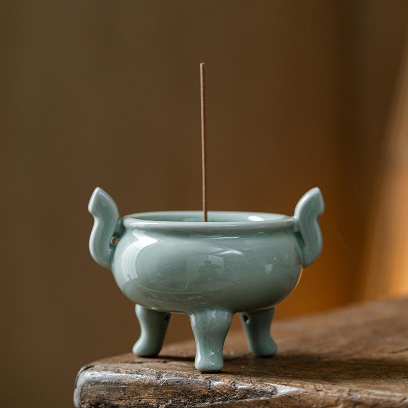 Celadon Ceramic Tripod Incense Holder for Home, Small Size, Ideal for Stick and Sandalwood Incense, Buddha Altar Supplies.