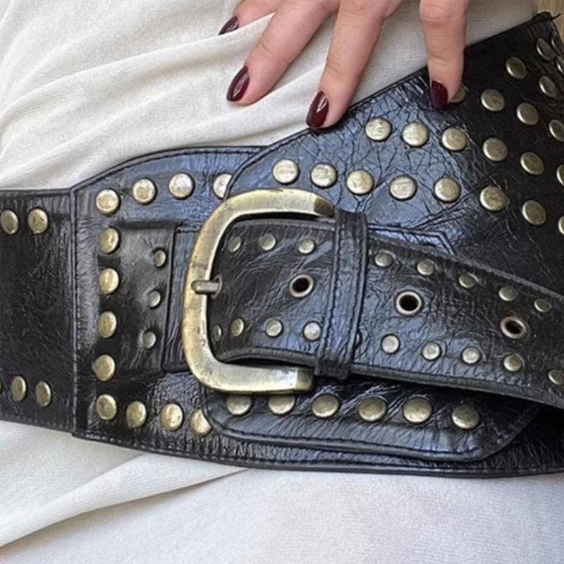 PU Leather Female Waist Belt with Irregular Buckle Rivets Decors PU Waist Belt Hollowed out Waistband for Coat Shirt