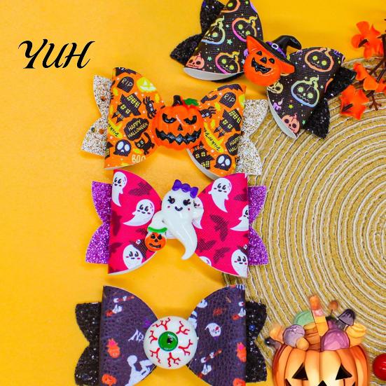 Cute Halloween Hair Accessories Glitter Bow Clips for Kids Baby Girls, Double Layer Party Dress Up Supplies Ghost/Pumpkin/Eyeball Bowtie Pins